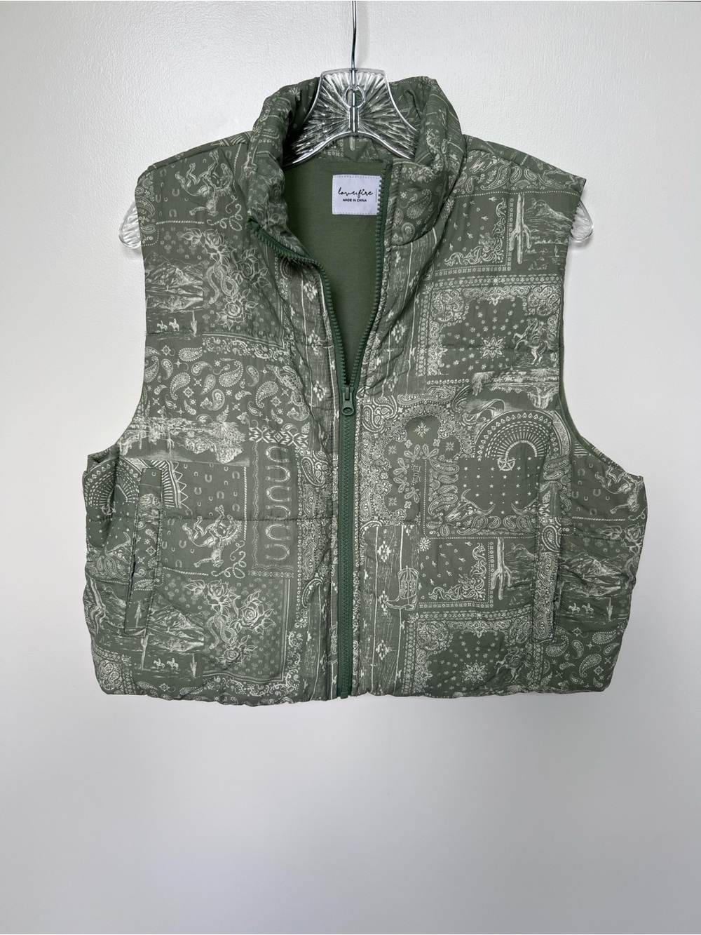 Love fire Olive Green Bandana women’s Print Puffer Vest